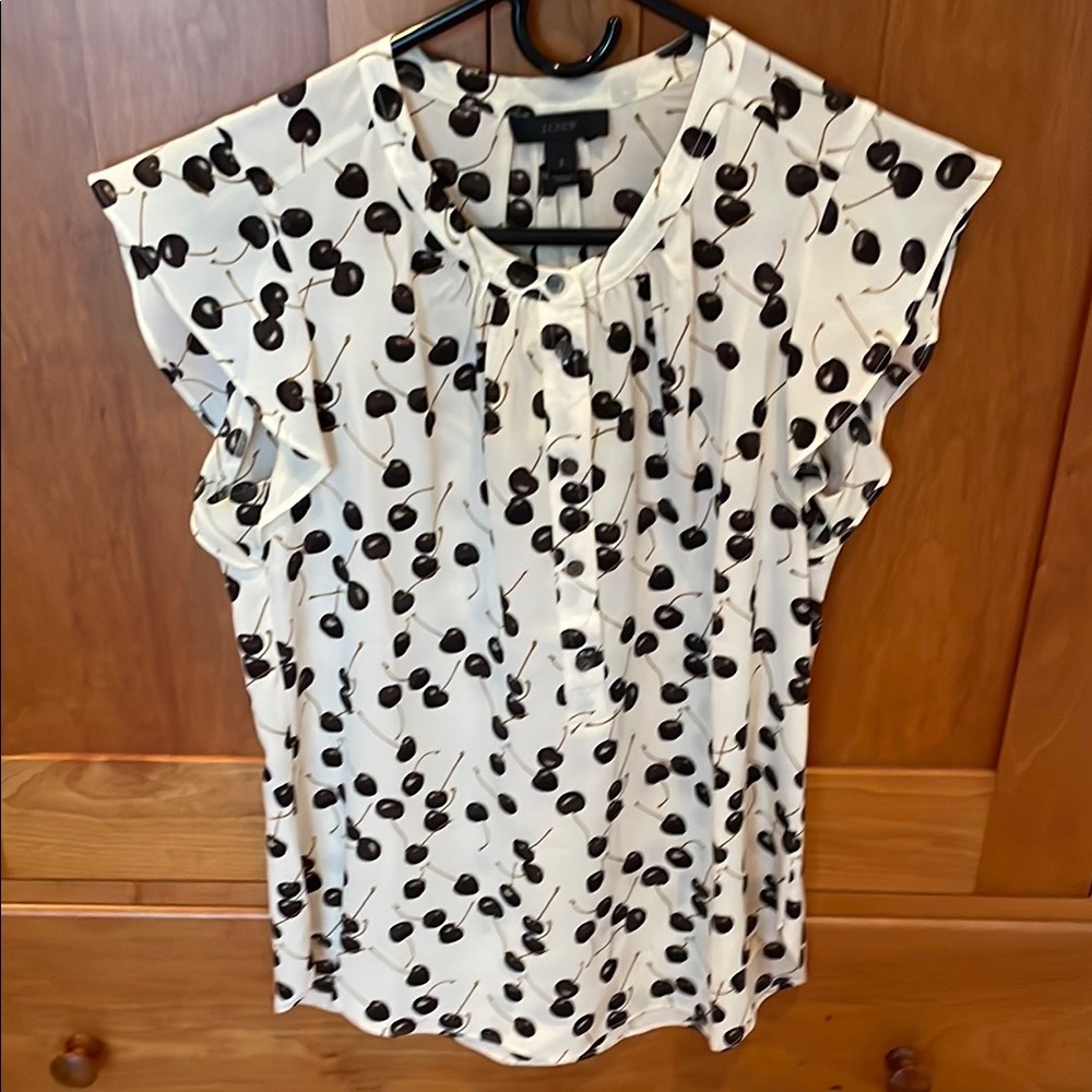 J Crew Silk  Black Cherry and White Cherry Print 🍒Top with Flutter Sleeve